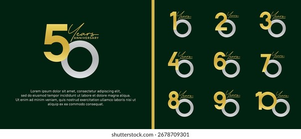 set of anniversary logo flat gold and silver color on green background for celebration moment