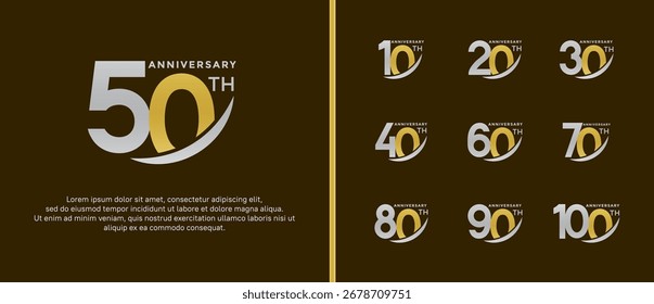 set of anniversary logo flat gold and silver color on brown background for celebration moment