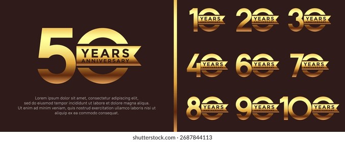 Set Jubiläums-Logo, flache goldene Farbe auf braunem Hintergrund für Feierlichkeiten