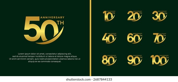 conjunto de logotipo de aniversário plana cor de ouro no fundo verde para o momento de celebração