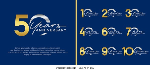set of anniversary logo flat gold and silver color on blue background for celebration moment
