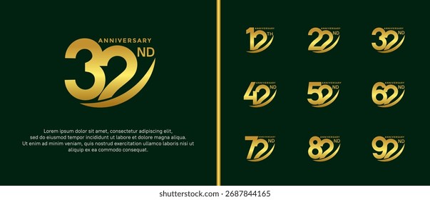 conjunto de logotipo de aniversário plana cor de ouro no fundo verde para o momento de celebração