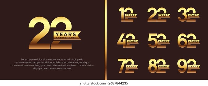 Conjunto de logotipo de aniversario color oro plano sobre fondo marrón para el momento de la celebración