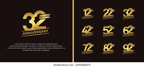 Conjunto de logotipo de aniversario color oro plano sobre fondo negro para el momento de la celebración