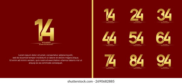 Conjunto de logotipo de aniversario color oro plano sobre fondo rojo para el momento de la celebración