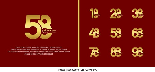 conjunto de logotipo de aniversário plana cor de ouro no fundo vermelho para o momento de celebração