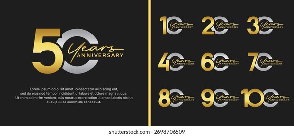 conjunto de aniversário logotipo de ouro plano e cor de prata no fundo preto para o momento de celebração