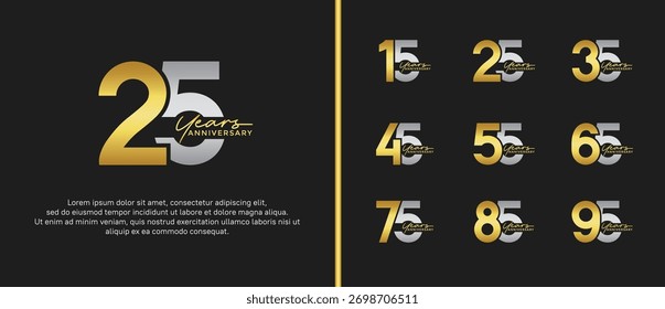 set of anniversary logo flat gold and silver color on black background for celebration moment