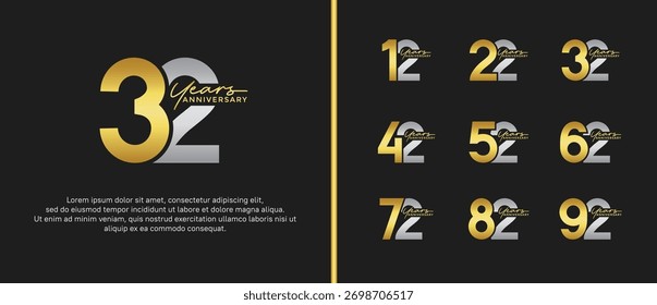 Conjunto de logotipo de aniversario de oro plano y color de plata sobre fondo negro para el momento de la celebración