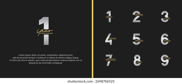 Conjunto de logotipo de aniversario de oro plano y color de plata sobre fondo negro para el momento de la celebración