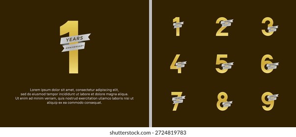 conjunto de logotipo de aniversário de ouro plano e cor de prata com fita para o momento de celebração