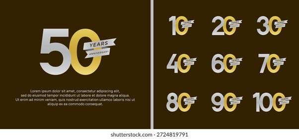 Set Jubiläums-Logo, flache Gold- und Silberfarbe mit Band für Feierlichkeiten