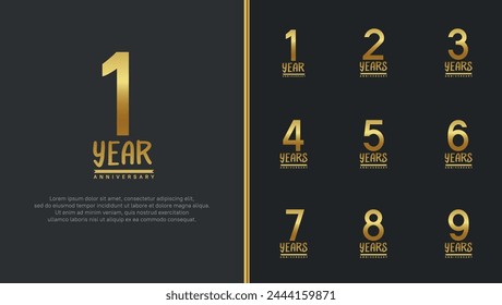 conjunto de logotipo de aniversario número de color dorado plano sobre fondo negro para la celebración