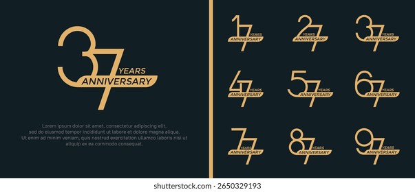 set of anniversary logo flat golden color and ribbon on black background for celebration moment