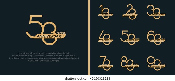 set of anniversary logo flat golden color and ribbon on black background for celebration moment