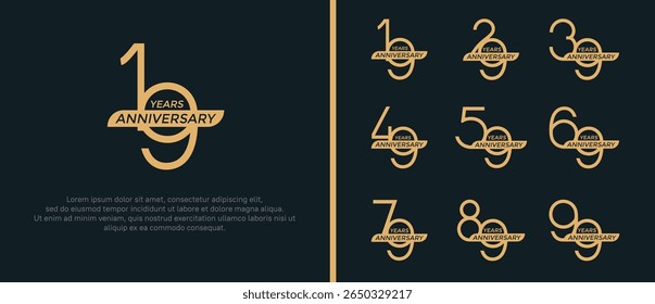 set of anniversary logo flat golden color and ribbon on black background for celebration moment