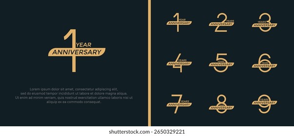 set of anniversary logo flat golden color and ribbon on black background for celebration moment