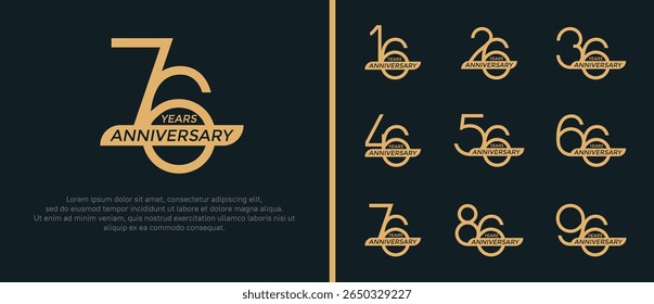 set of anniversary logo flat golden color and ribbon on black background for celebration moment