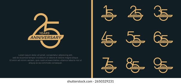 set of anniversary logo flat golden color and ribbon on black background for celebration moment