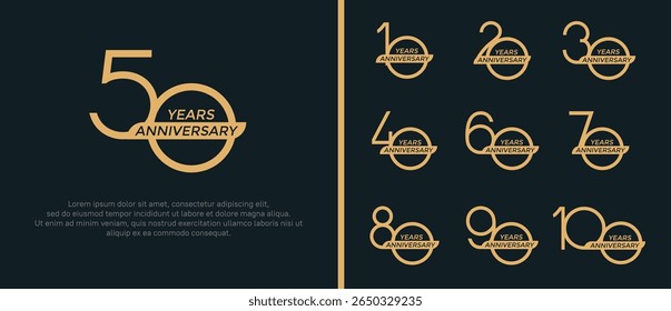 set of anniversary logo flat golden color and ribbon on black background for celebration moment