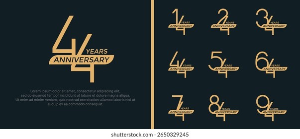 set of anniversary logo flat golden color and ribbon on black background for celebration moment