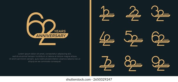 set of anniversary logo flat golden color and ribbon on black background for celebration moment