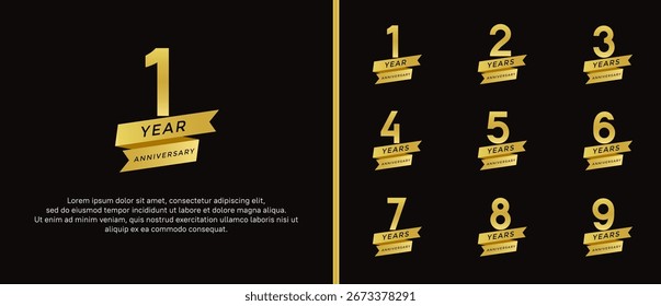 Conjunto de logotipo de aniversario de color dorado plano sobre fondo negro para el momento de la celebración
