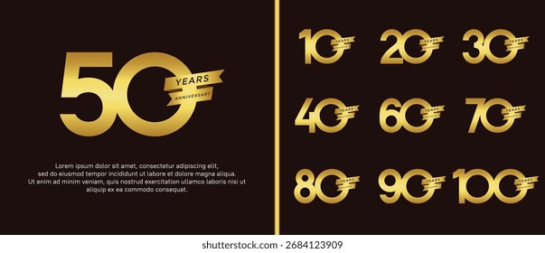set of anniversary logo flat golden color and gold ribbon for celebration moment