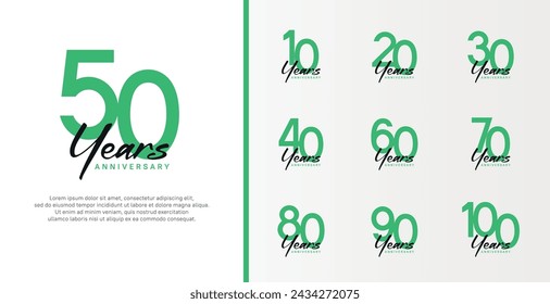 conjunto de logotipo de aniversario número de color verde plano y texto negro sobre fondo blanco para la celebración
