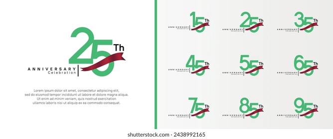 set of anniversary logo flat green color number and red ribbon on white background for celebration