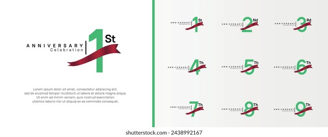 set of anniversary logo flat green color number and red ribbon on white background for celebration