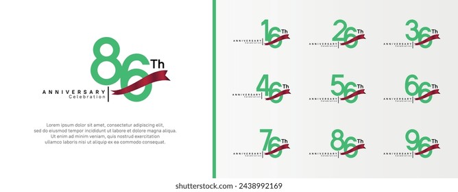 set of anniversary logo flat green color number and red ribbon on white background for celebration