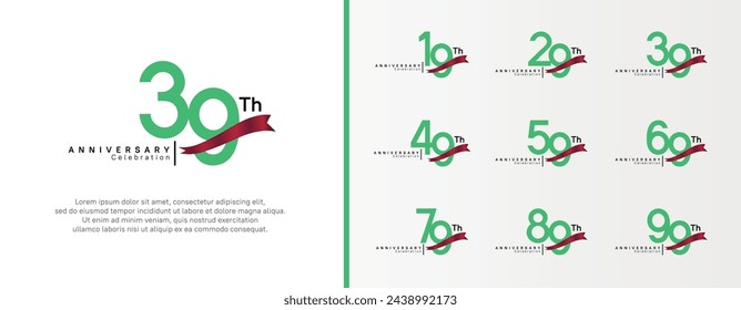 conjunto de logotipo de aniversario número de color verde plano y cinta roja sobre fondo blanco para la celebración