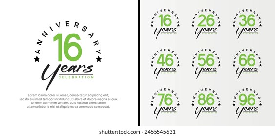 set of anniversary logo flat green color number and black text on white background for celebration