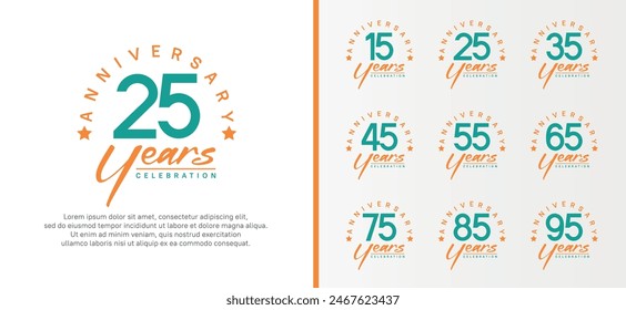 set of anniversary logo flat green color number and orange text on white background for celebration