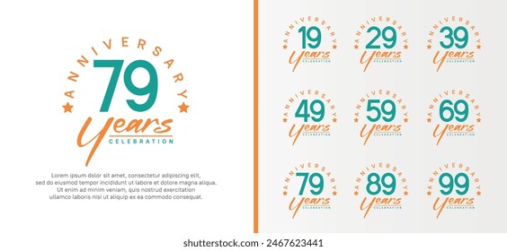 set of anniversary logo flat green color number and orange text on white background for celebration