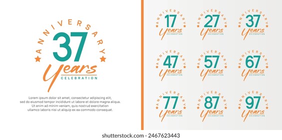 Set von Jubiläums-Logo-flache grüne Farbnummer und orangefarbener Text auf weißem Hintergrund für die Feier