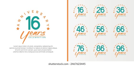 set of anniversary logo flat green color number and orange text on white background for celebration