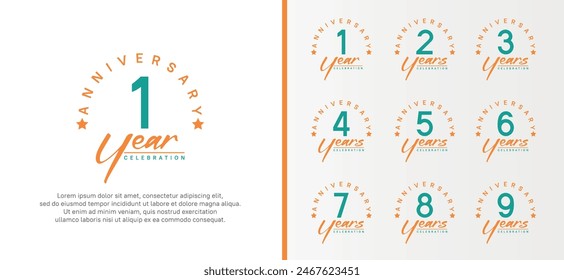 set of anniversary logo flat green color number and orange text on white background for celebration