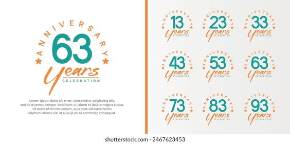 conjunto de logotipo de aniversario número de color verde plano y texto naranja sobre fondo blanco para la celebración