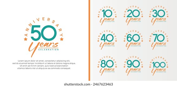 set of anniversary logo flat green color number and orange text on white background for celebration