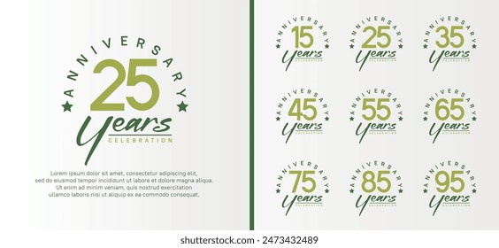 set of anniversary logo flat green color number and dark green text on white background for celebration