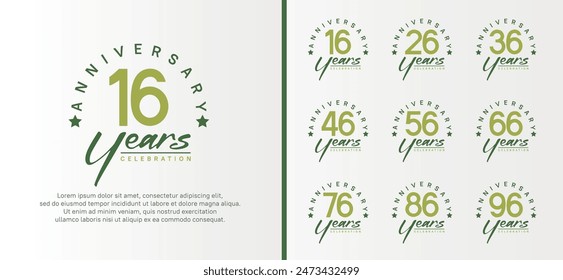 set of anniversary logo flat green color number and dark green text on white background for celebration