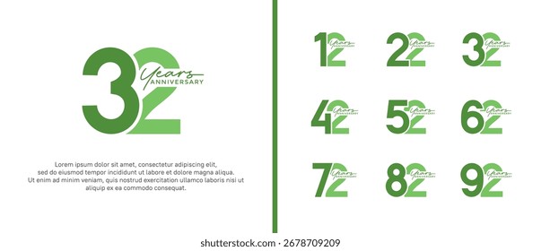 Conjunto de logotipo de aniversario de color verde plano sobre fondo blanco para el momento de la celebración