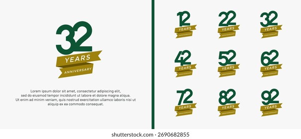 Conjunto de logotipo de aniversario de color verde plano sobre fondo blanco para el momento de la celebración