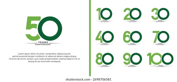 Conjunto de logotipo de aniversario de color verde plano sobre fondo blanco para el momento de la celebración