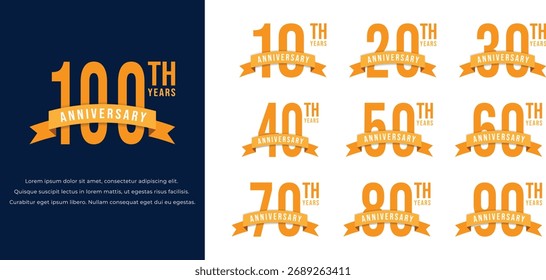 Set of anniversary logo flat light and dark orange color on dark blue and white background for celebration, anniversary celebration 10th to 100th number badges with ribbons design set