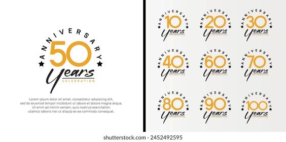 conjunto de logotipo de aniversario número de color naranja plano y texto negro sobre fondo blanco para la celebración