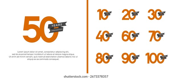 Conjunto de logotipo de aniversario plano color naranja cinta negra para el momento de la celebración