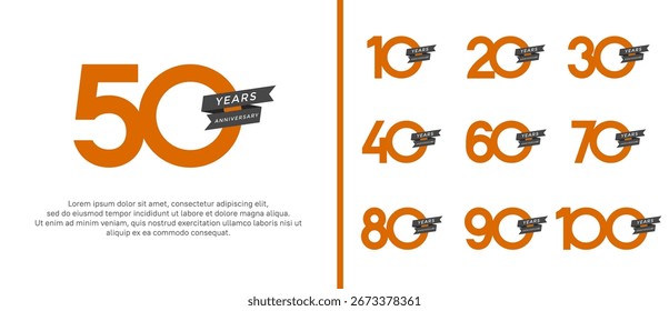 Conjunto de logotipo de aniversario plano color naranja cinta negra para el momento de la celebración